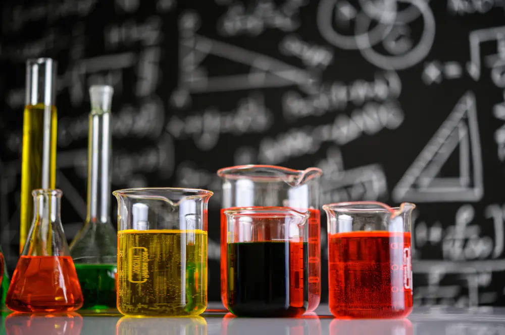 laboratory glassware with liquids different color